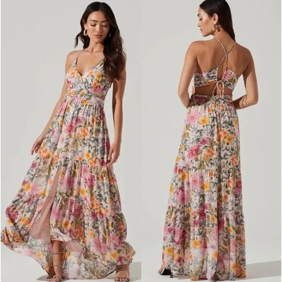 Astr Dresses & Skirts - ASTR Frolic Floral Cutout Maxi Dress V-Neck Cinched Backless Open Back Tiered
